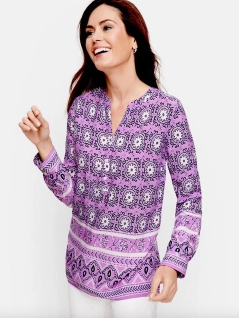 Talbots Lavender Medallion Geo Floral Rayon Tunic Top Split Neck, L